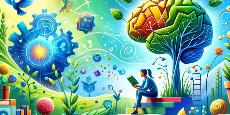 DALL·E 2024-04-22 15.16.27 - Create an inspiring visual metaphor for 'Growth Mindset'. Depict a vibrant scene with a person actively engaged in learning, such as reading or solvin