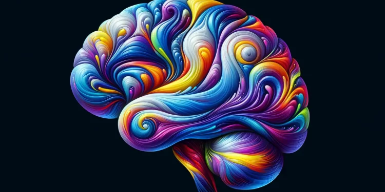 DALL·E 2024-04-27 17.54.46 - A visually engaging abstract representation of a brain, with a clearer resemblance to brain anatomy. The artwork should feature vibrant, swirling patt